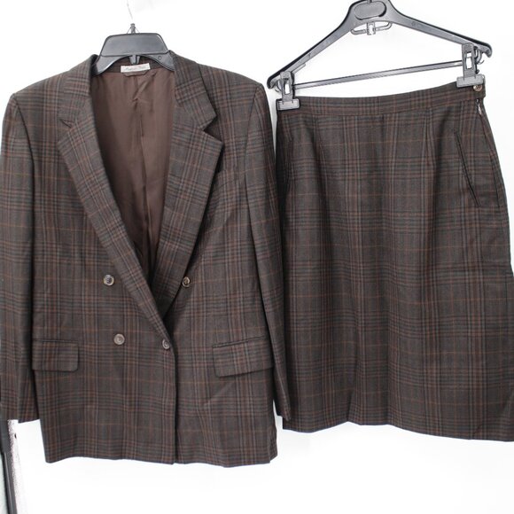 VTG Burberry skirt Suit Women 44R W28 Wool Cashmere Plaid double breasted Jacket - Picture 1 of 16